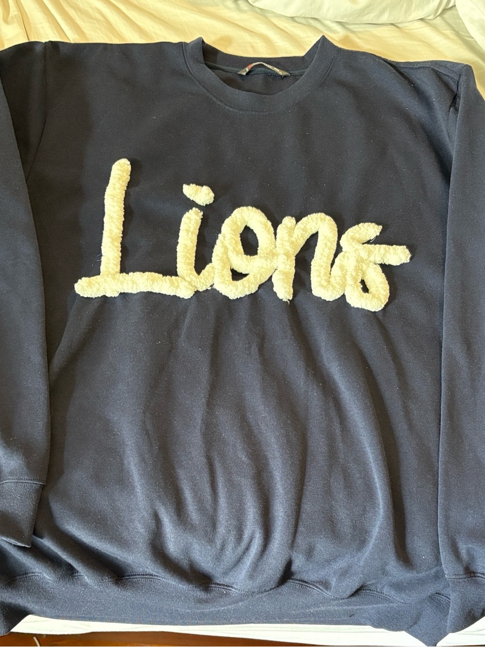 Lipsy Navy Crewneck Sweatshirt with white 'Lions' chenille embroidered
